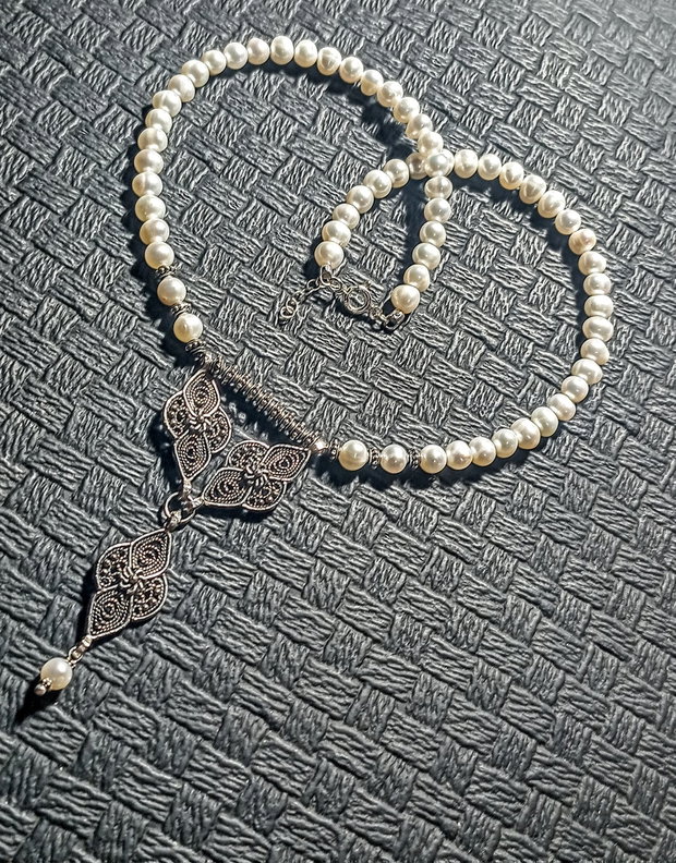 Colier argint perle naturale de cultura conector filigranat argint antichizat victorian vintage trendy - Transport gratuit
