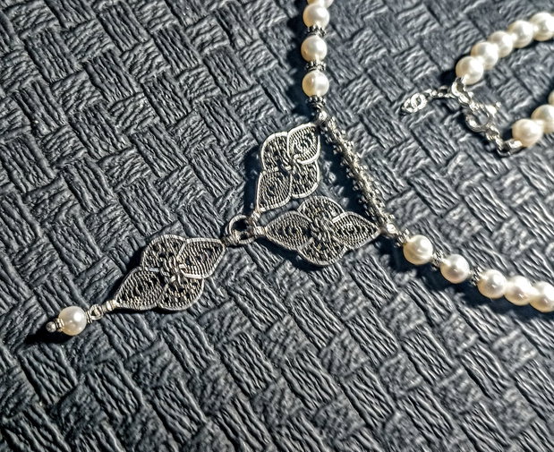 Colier argint perle naturale de cultura conector filigranat argint antichizat victorian vintage trendy - Transport gratuit