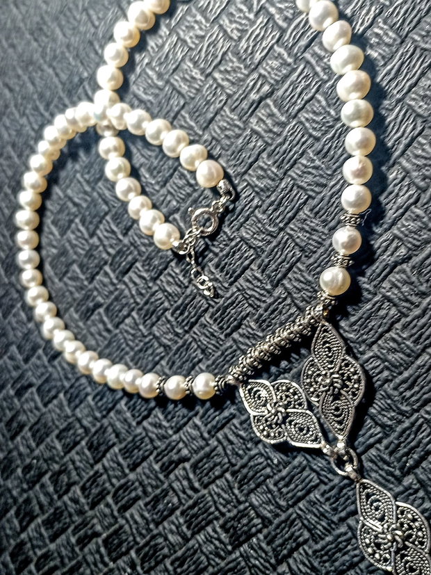 Colier argint perle naturale de cultura conector filigranat argint antichizat victorian vintage trendy - Transport gratuit