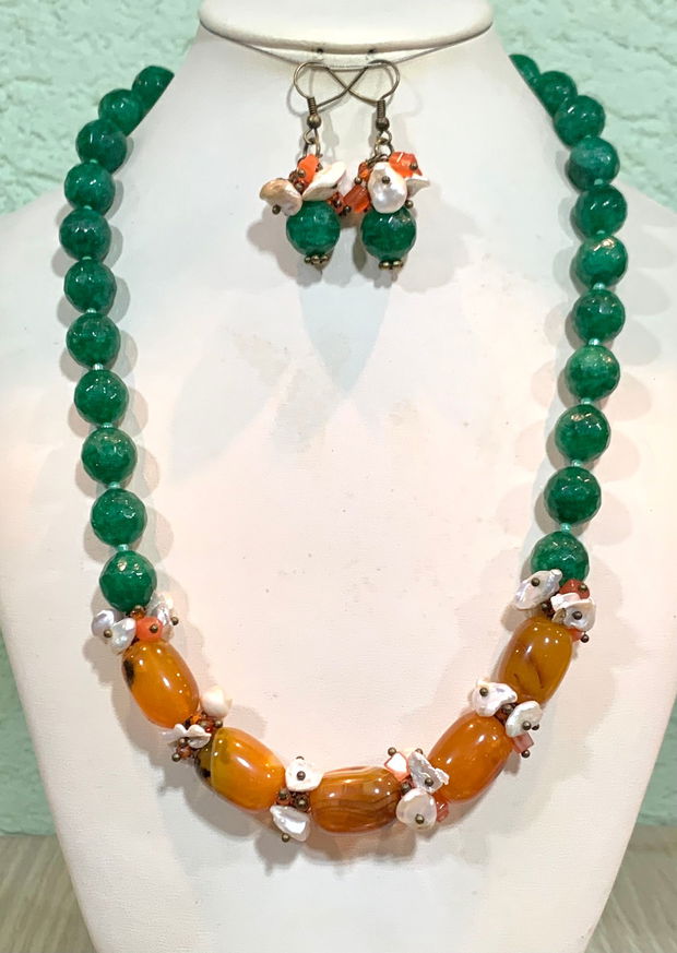 SET~WONDERFUL GROVE~jad,agate,perle de cultură,cubic zirconia,ochi de pisică,accesorii bronz