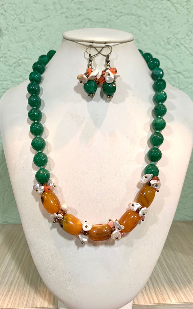 SET~WONDERFUL GROVE~jad,agate,perle de cultură,cubic zirconia,ochi de pisică,accesorii bronz