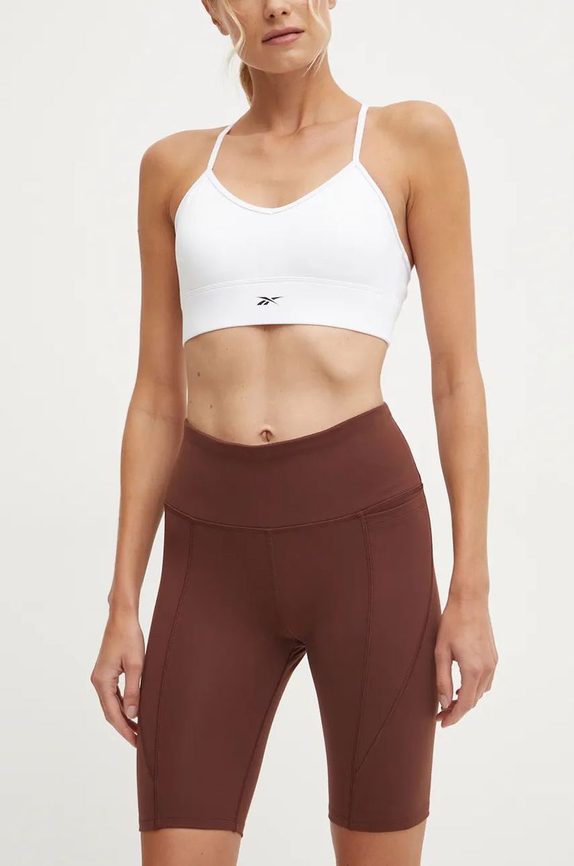 Reebok pantaloni scurti LUX Collection femei, culoarea maro, neted, high waist, 100205597