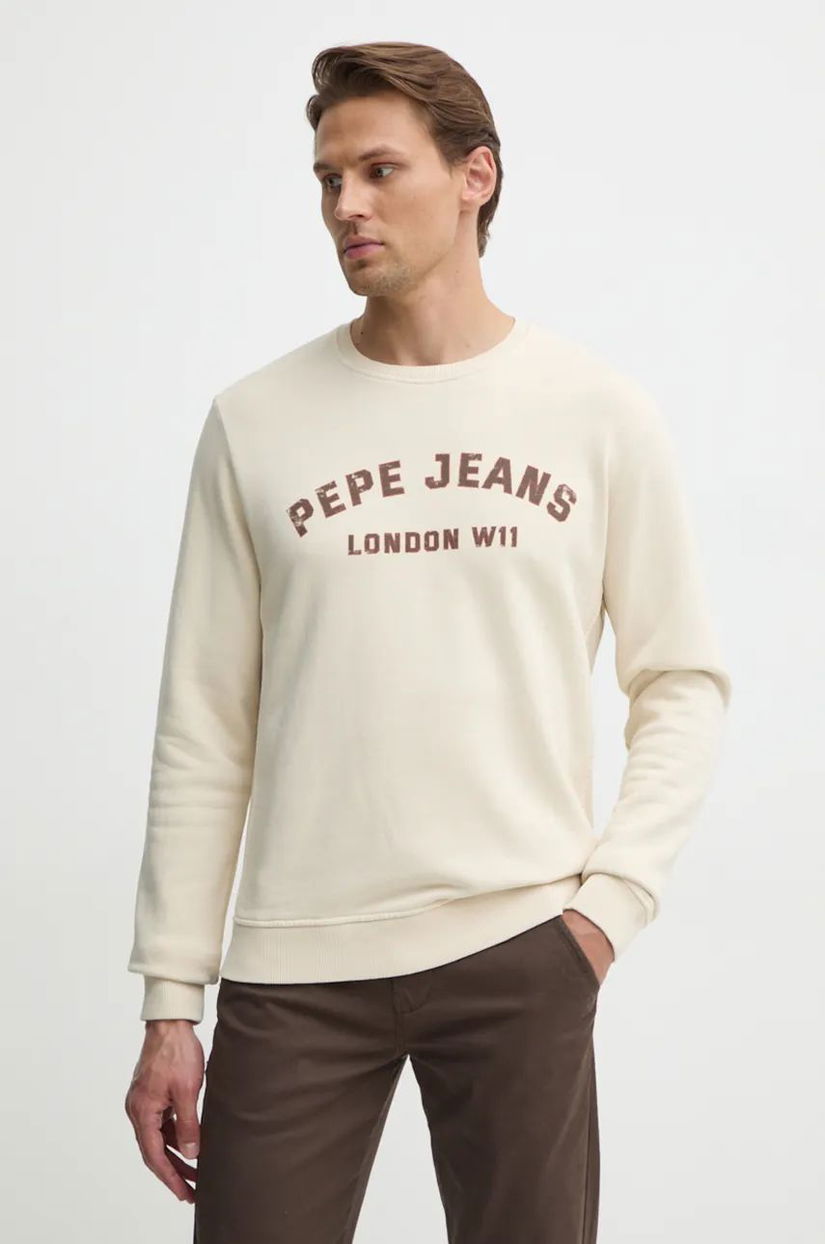 Pepe Jeans hanorac de bumbac ALDRIDGE CREW barbati, culoarea bej, cu imprimeu, PM582738