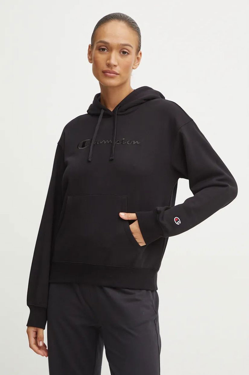 Champion bluza femei, culoarea negru, cu glugă, cu imprimeu, 117581