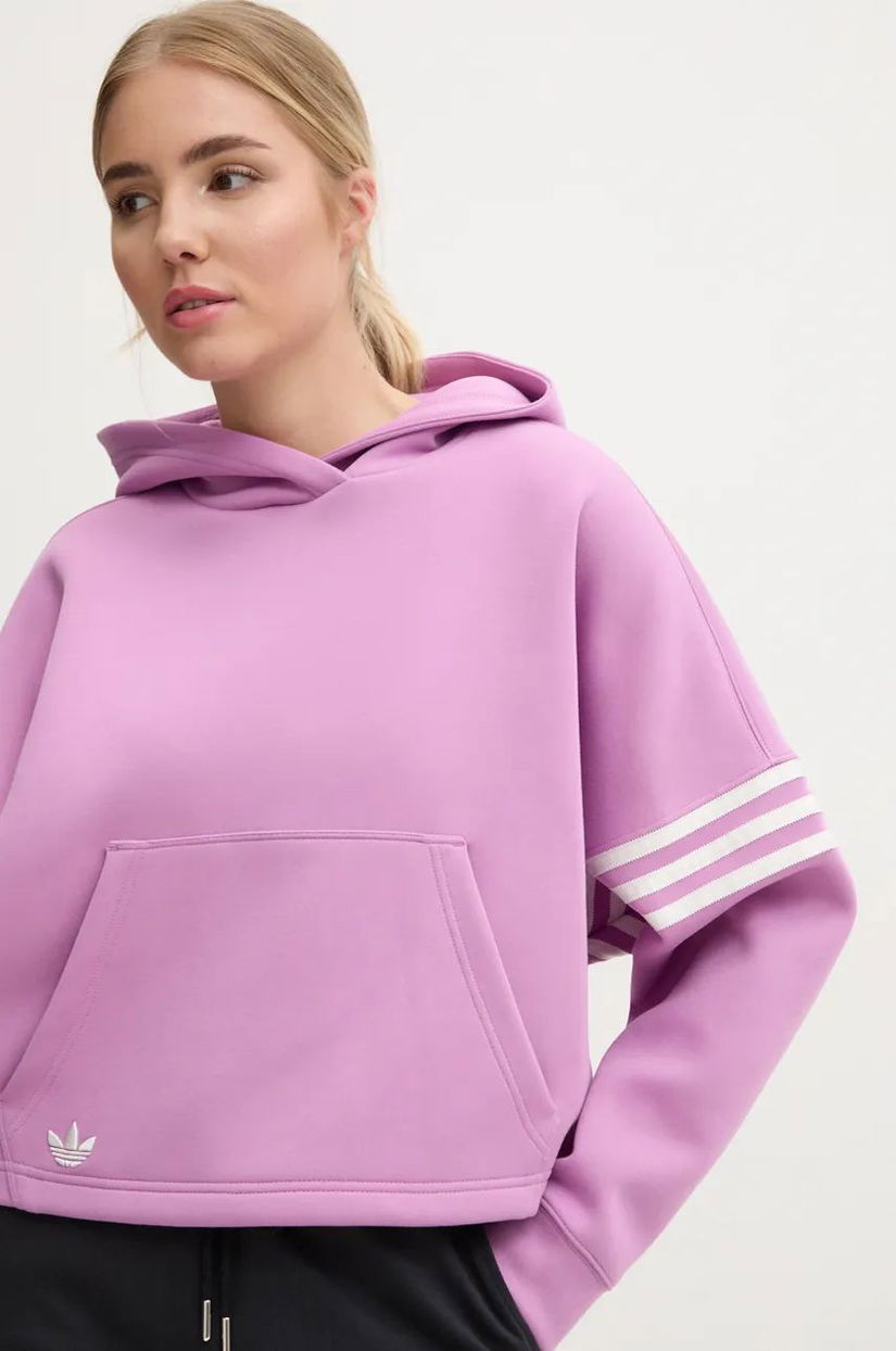 adidas Originals bluză Neuclassicscl Hoodie femei, culoarea violet, cu glugă, cu imprimeu, IW5614