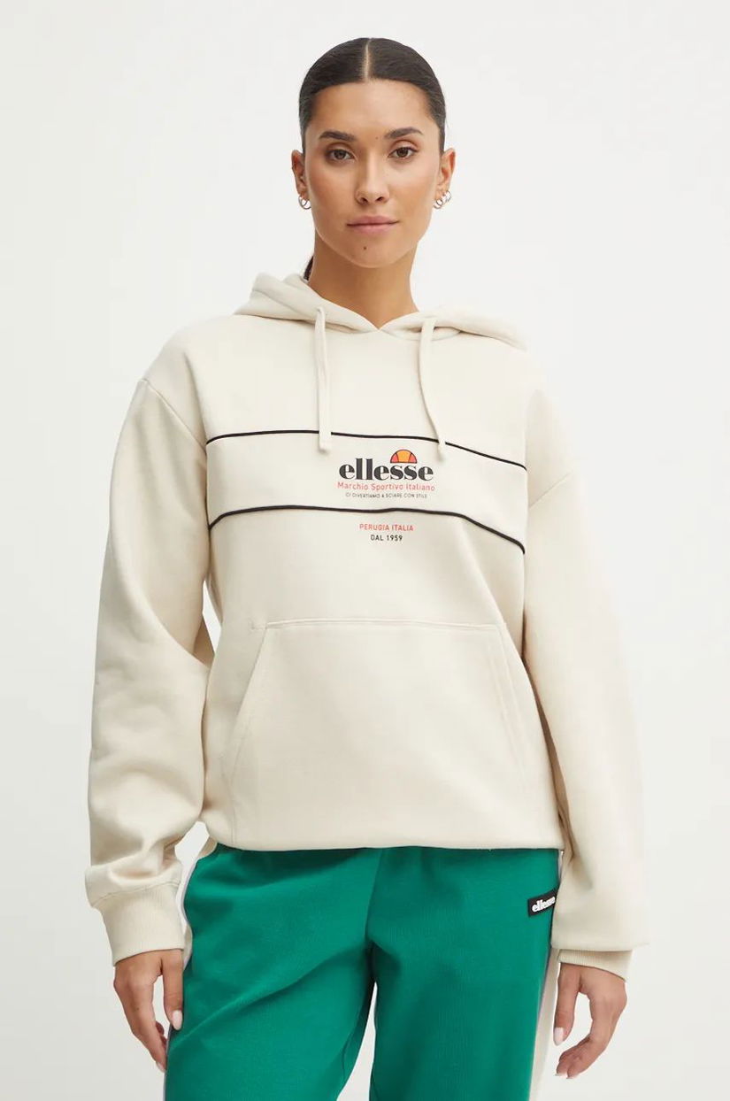 Ellesse bluza GALSTER femei, culoarea bej, cu glugă, cu imprimeu, SGX20922