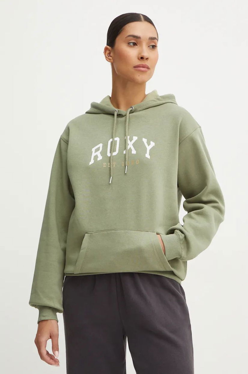 Roxy bluza Surf Stoked femei, culoarea verde, cu glugă, cu imprimeu, ERJFT04899