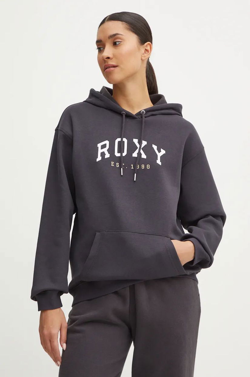 Roxy bluza Surf Stoked femei, culoarea gri, cu glugă, cu imprimeu, ERJFT04899