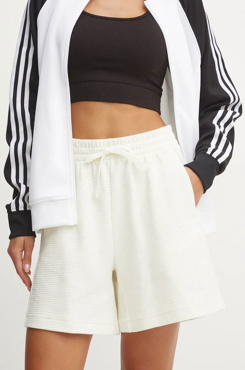 adidas pantaloni scurti All SZN femei, culoarea bej, neted, high waist, IY6824