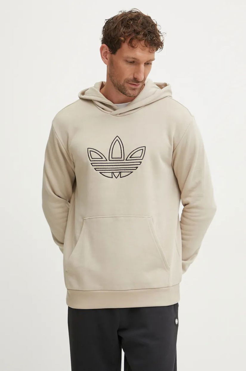 adidas Originals hanorac de bumbac Outline Hoodie barbati, culoarea bej, cu glugă, cu imprimeu, JJ1505