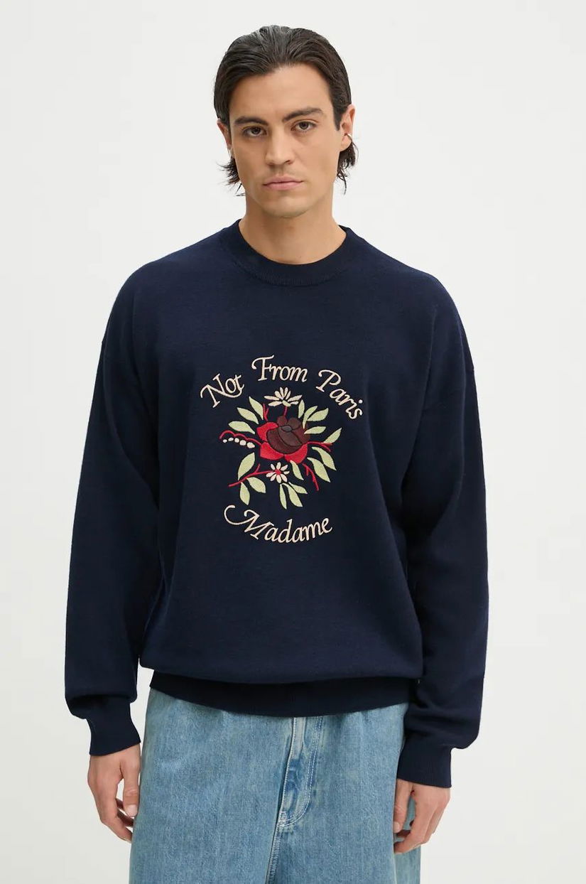 Drôle de Monsieur pulover de lana Le Maille Slogan Fleurs culoarea albastru marin, E.PO162.WO007.NY Le Maille Slogan Fleurs