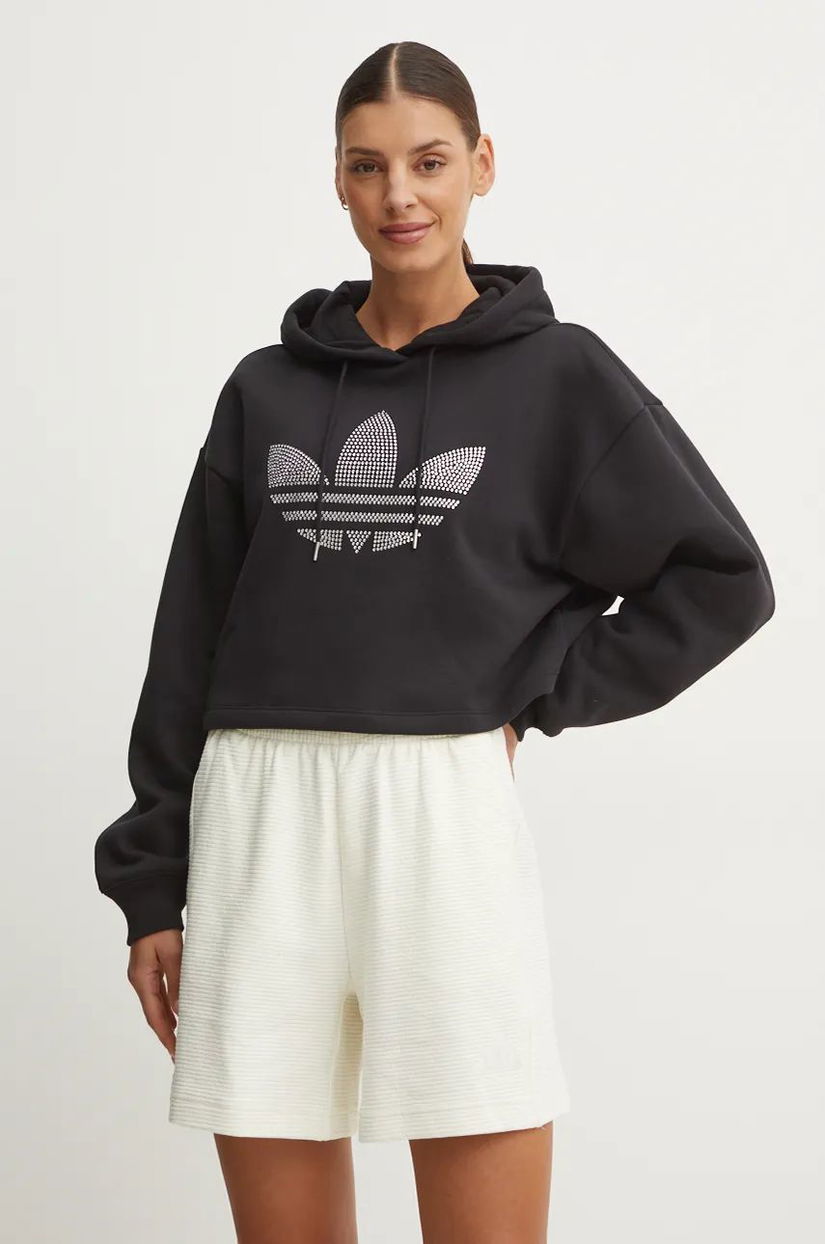 adidas Originals bluza Bling Hoodie femei, culoarea negru, cu glugă, cu imprimeu, IW5697