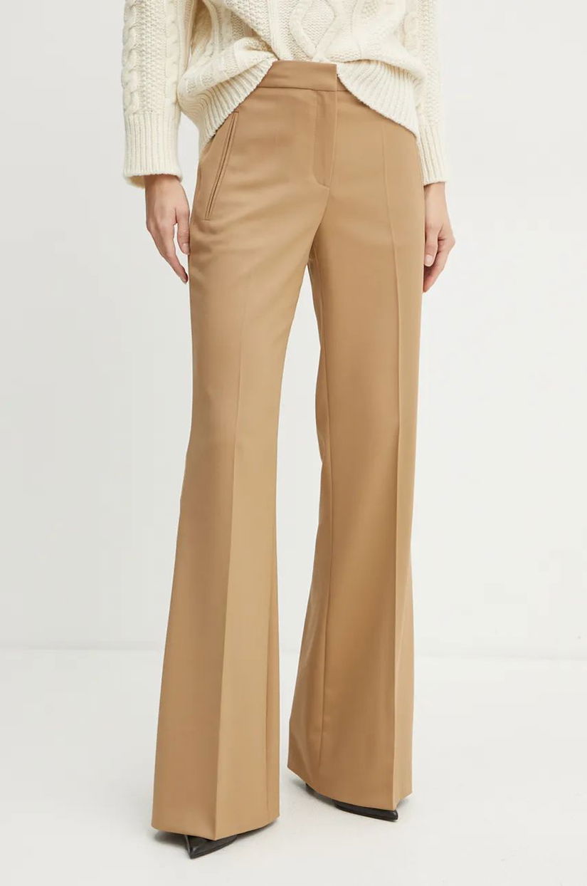 BOSS pantaloni de lana culoarea bej, evazati, high waist, 50524051