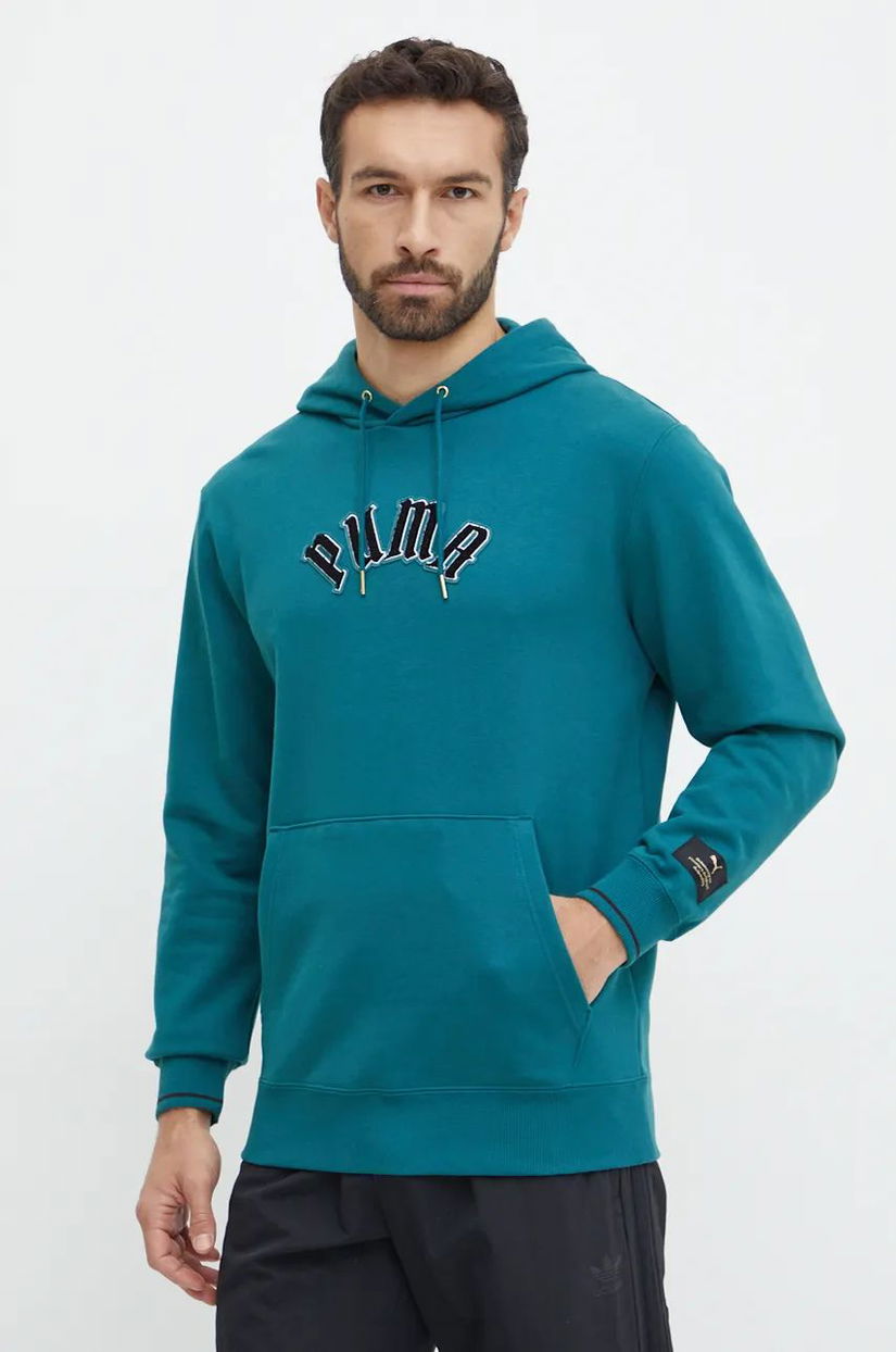 Puma hanorac de bumbac Classics Play Paris Hoodie barbati, culoarea turcoaz, cu glugă, cu imprimeu, 626766