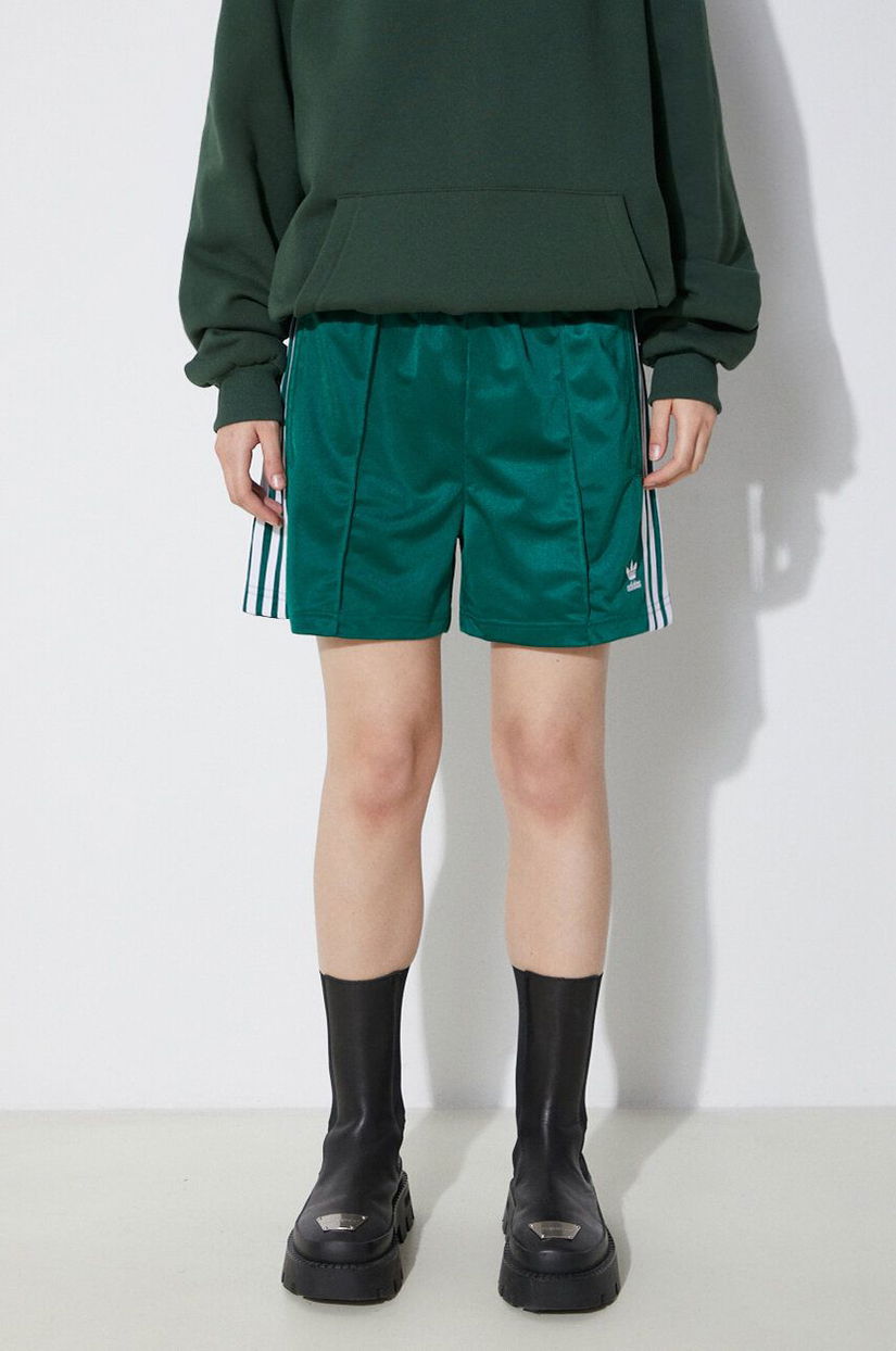 adidas Originals pantaloni scurti Firebird femei, culoarea verde, cu imprimeu, high waist, IN6287