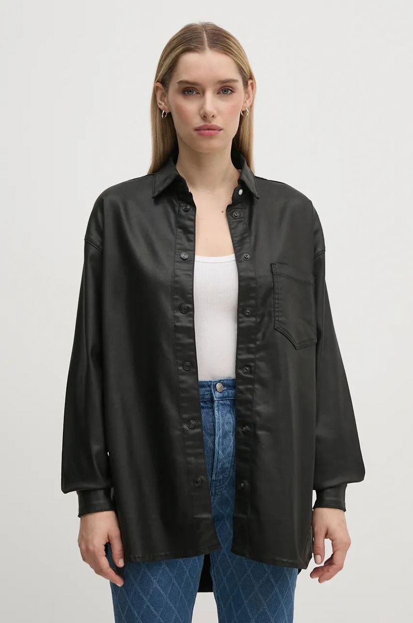 Pepe Jeans camasa OVERSHIRT femei, culoarea negru, cu guler clasic, relaxed, PL304963XM5