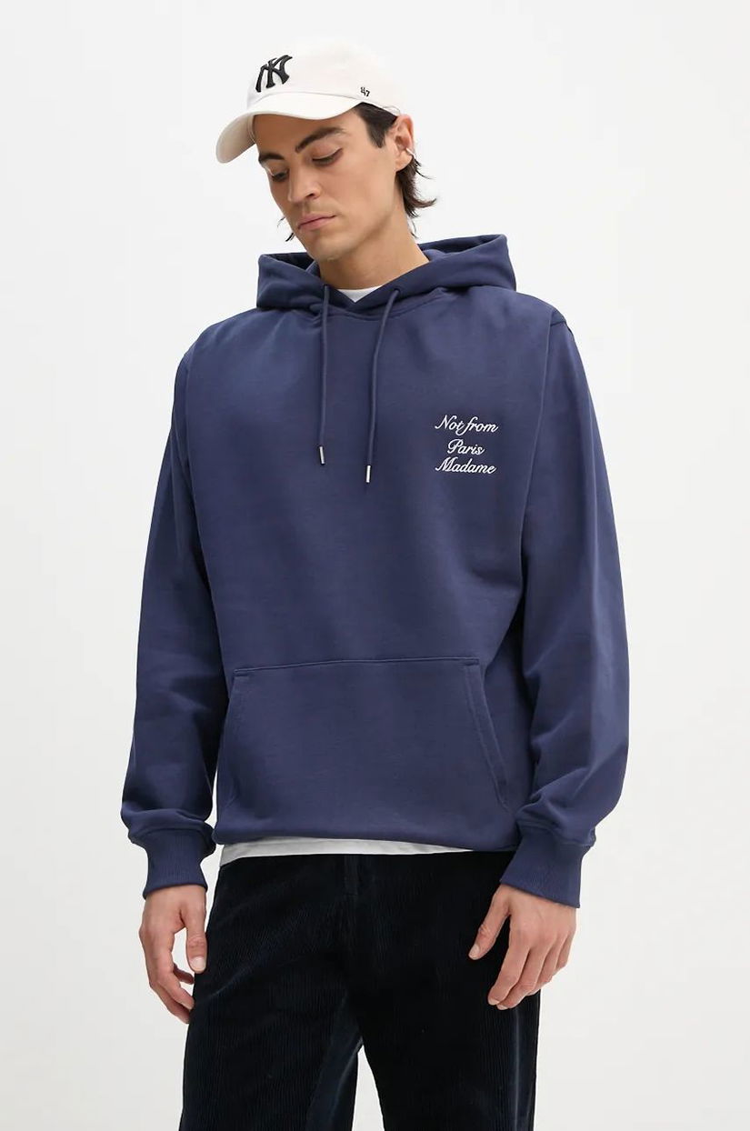 Drôle de Monsieur hanorac de bumbac Le Hoodie Slogan Calligraphy barbati, culoarea albastru marin, cu glugă, cu imprimeu, E.HO168.CO127.NY Le Hoodie Slogan Calligraphy