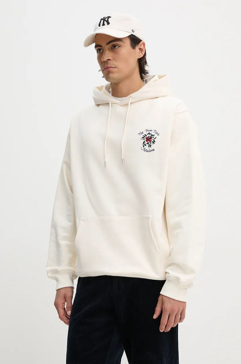 Drôle de Monsieur hanorac de bumbac Le Hoodie Slogan Fleurs barbati, culoarea bej, cu glugă, cu imprimeu, E.HO169.CO127.CM Le Hoodie Slogan Fleurs