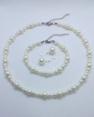 Set elegant colier, brățară și cercei din perle de sticlă - ivory