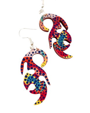 Cercei lemn multicolori cu puncte bleumarin, unicat, 4190
