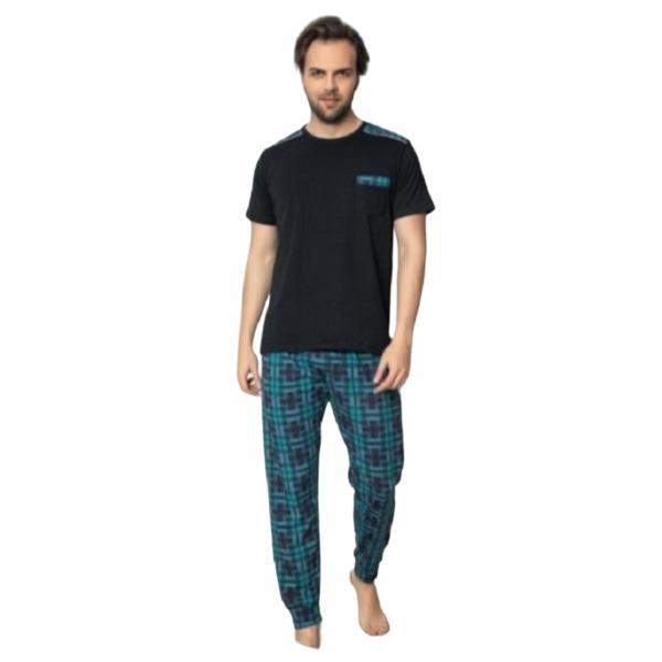 Pijamale barbati, bumbac, pantaloni lungi, bluza maneca scurta, Negru, M