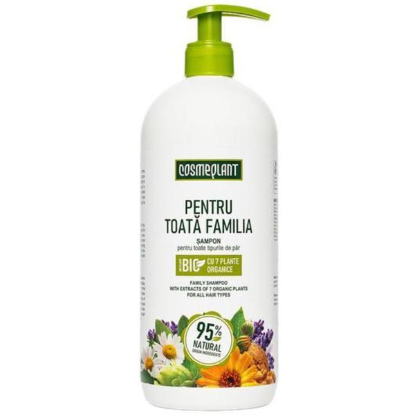 Sampon pentru toata familia cu extracte de salvie, hamei, nuca, romanita, lavanda, urzică și calendula organice Cosmeplant, 1000 ml