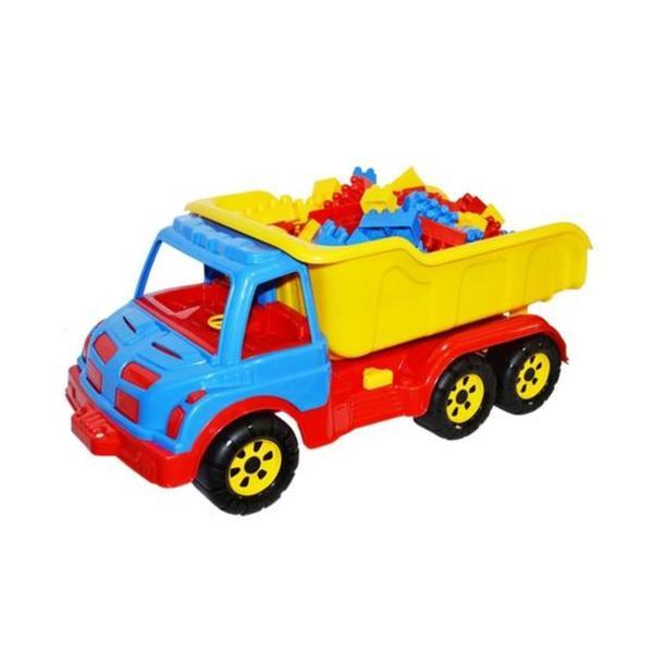 Camion de plasic cu bena basculanta, cu 80 cuburi pentru constructii, 60x27x25.5 cm, multicolor