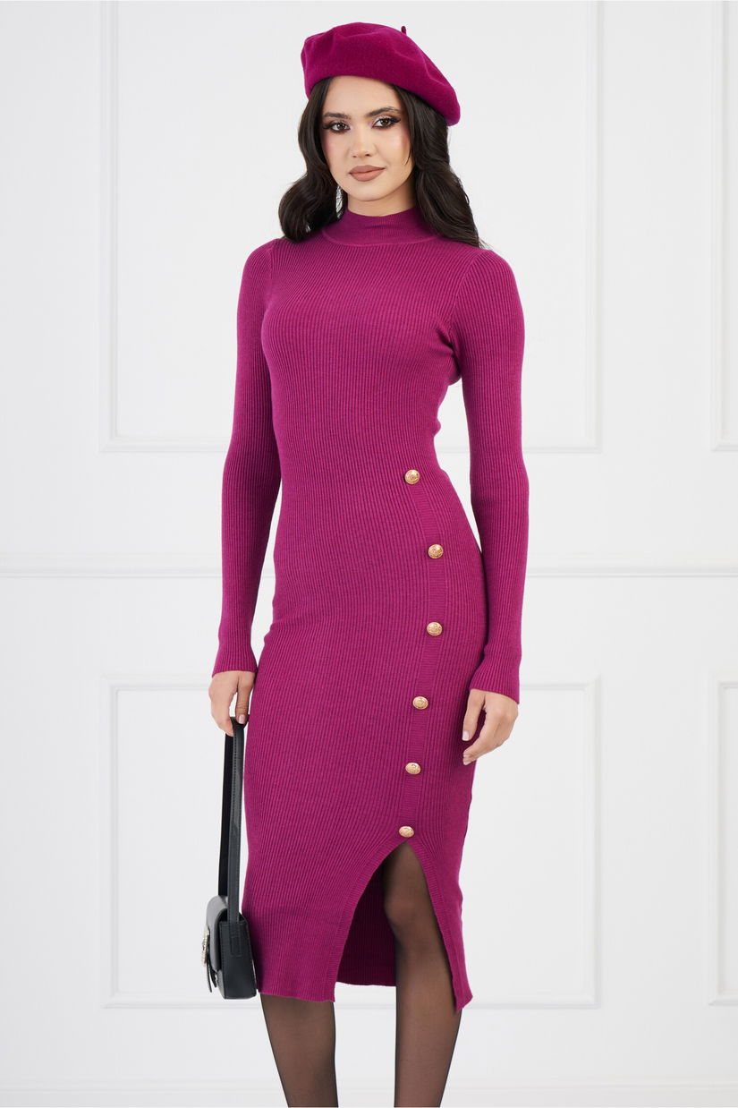 Rochie Valeria magenta din tricot cu nasturi pe fusta