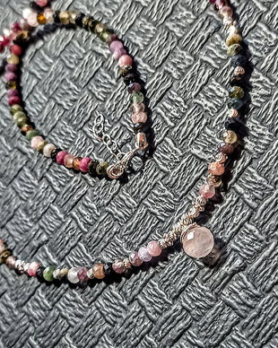 Colier argint turmalina multicolora cuart roz onion minimalist boho chic trendy - Transport gratuit
