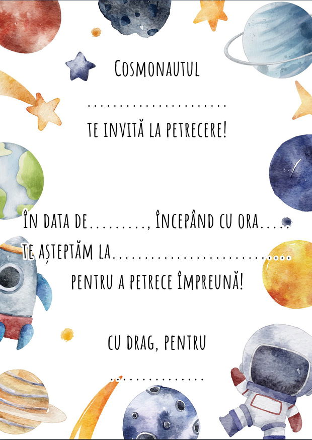 Set 10 invitatii tip formular pentru copii - Cosmos, Format A6, plic inclus