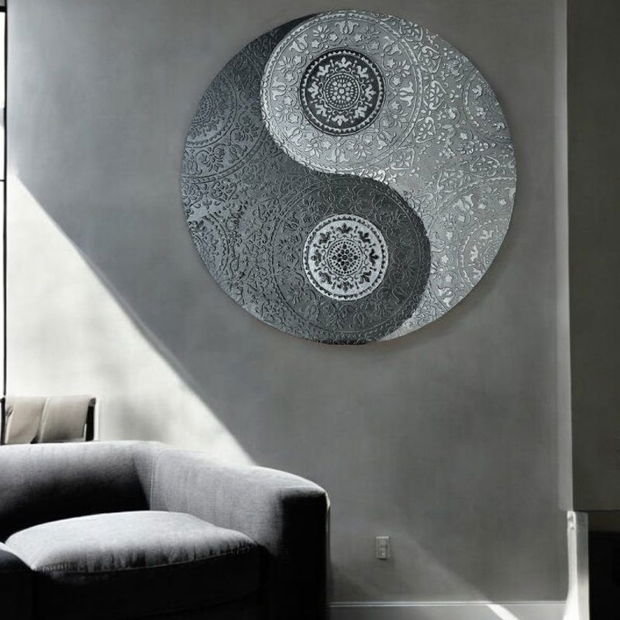 Yin&Yang Mandala, tablou unicat realizat manual pe suport de lemn de 40 cm