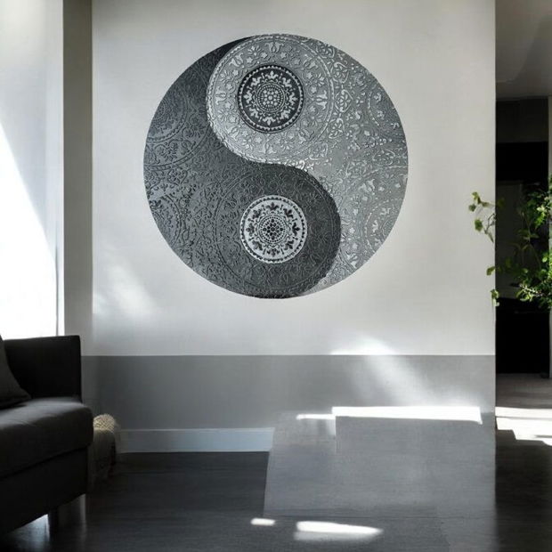 Yin&Yang Mandala, tablou unicat realizat manual pe suport de lemn de 40 cm