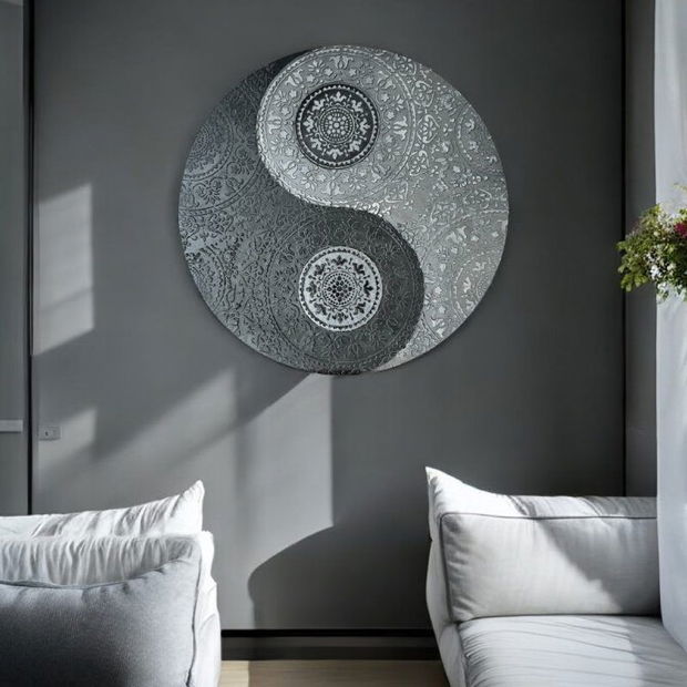 Yin&Yang Mandala, tablou unicat realizat manual pe suport de lemn de 40 cm