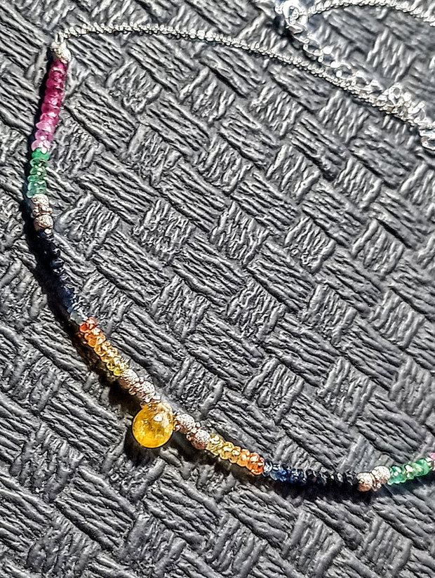Colier argint safir albastru galben rubin smarald brioleta safir galben ombre nuante gradient lant argint minimalist boho chic trendy - Transport gratuit