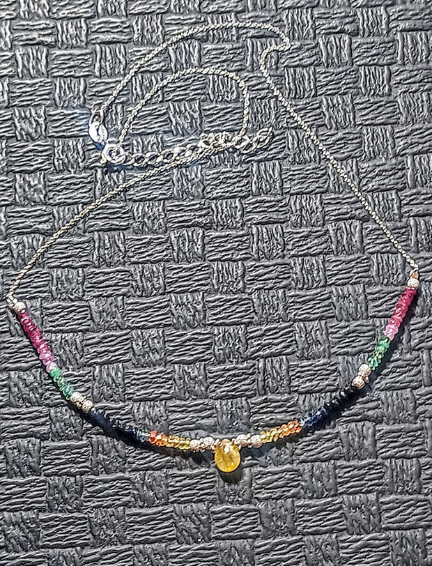 Colier argint safir albastru galben rubin smarald brioleta safir galben ombre nuante gradient lant argint minimalist boho chic trendy - Transport gratuit