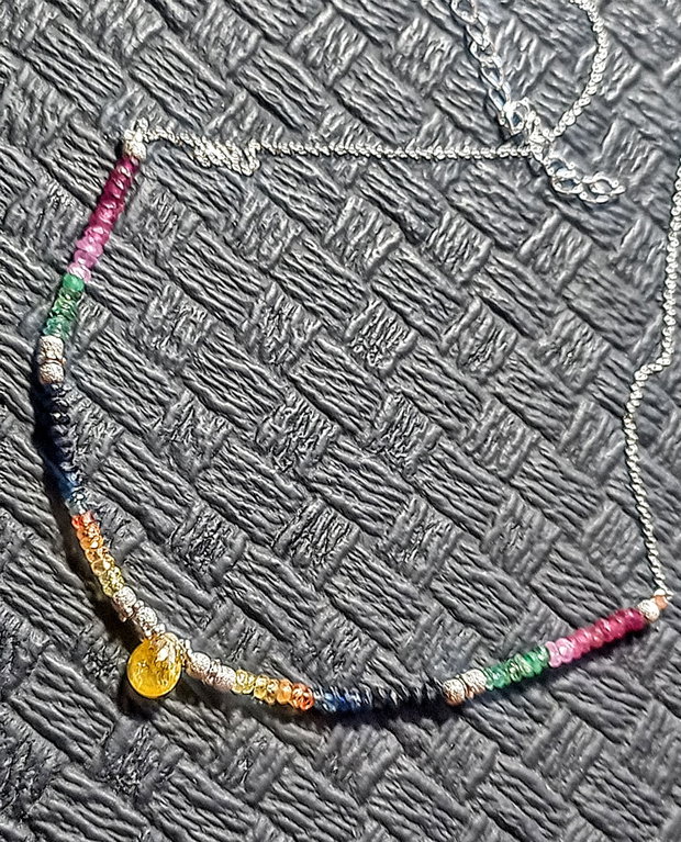 Colier argint safir albastru galben rubin smarald brioleta safir galben ombre nuante gradient lant argint minimalist boho chic trendy - Transport gratuit