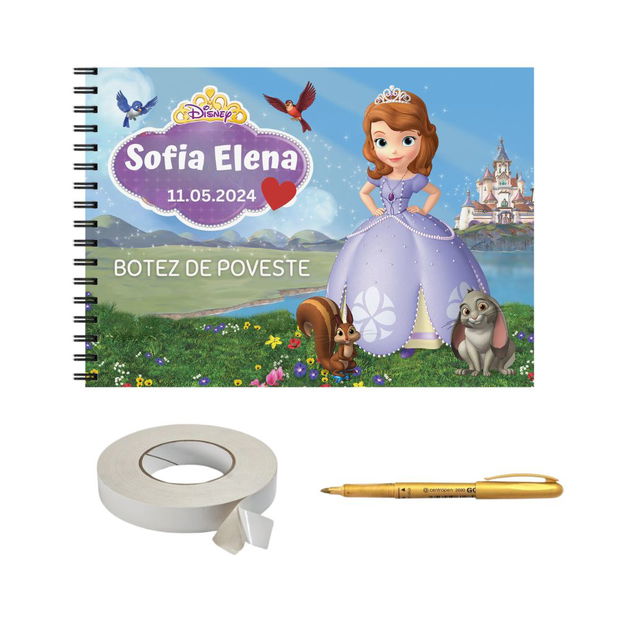 Set Album foto / GuestBook pentru botez, A4 landscape, pix si dubluadeziv inclus, 3 piese, model Disney Sofia The First