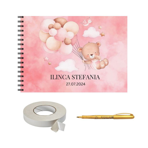 Set Album foto / GuestBook pentru botez, A4 landscape, pix si dubluadeziv inclus, 3 piese, model Baby Pink