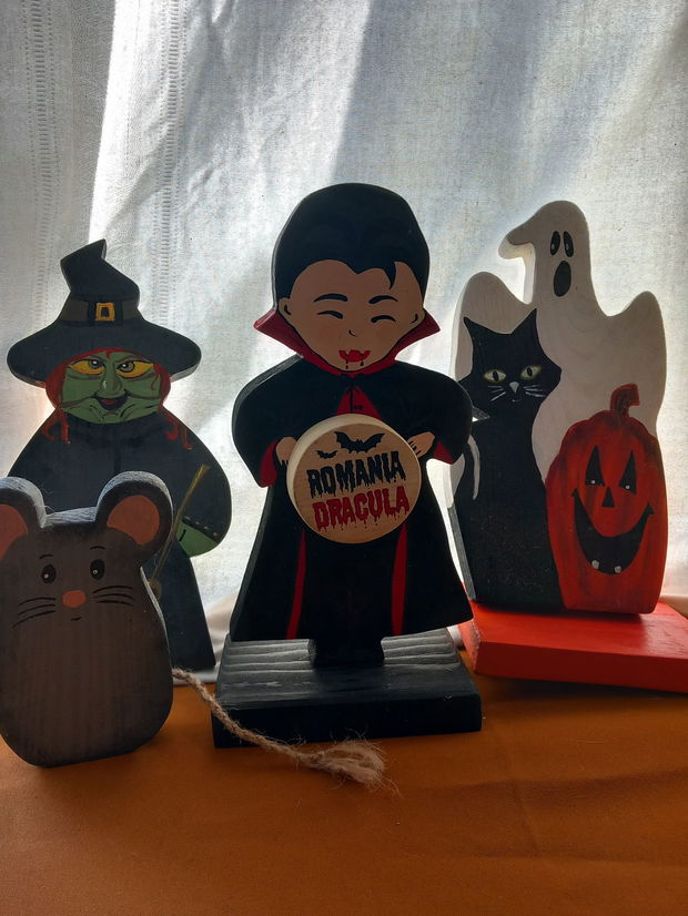 Set Halloween decor figurine 4buc. Lemn reciclat pictat manual eco