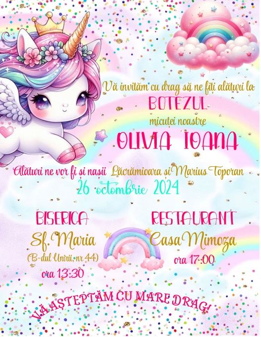 Invitatie botez fetite Unicorn