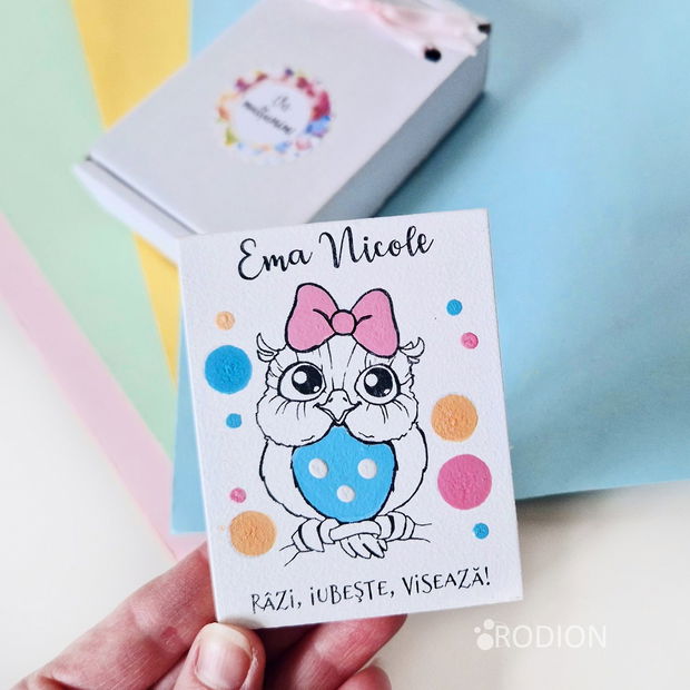 Marturii botez bufnita cu magnet personalizate cu nume