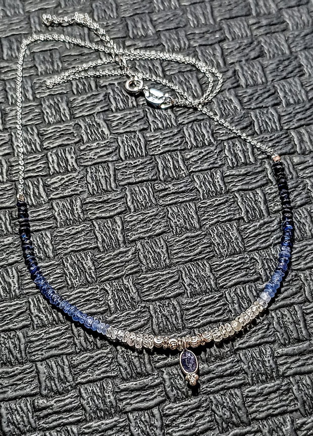 Colier argint safir albastru ombre gradient degrade sillimanit charm lant argint minimalist boho chic  trendy - Transport gratuit