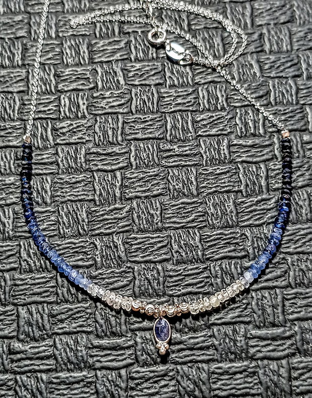 Colier argint safir albastru ombre gradient degrade sillimanit charm lant argint minimalist boho chic  trendy - Transport gratuit