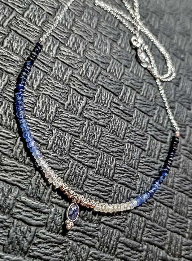 Colier argint safir albastru ombre gradient degrade sillimanit charm lant argint minimalist boho chic  trendy - Transport gratuit