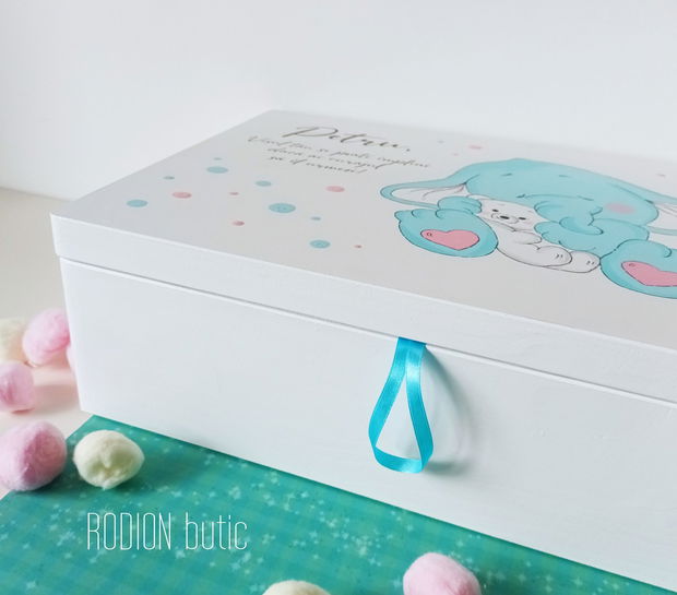 Cufar amintiri pictat manual personalizat cutie dar botez elefant