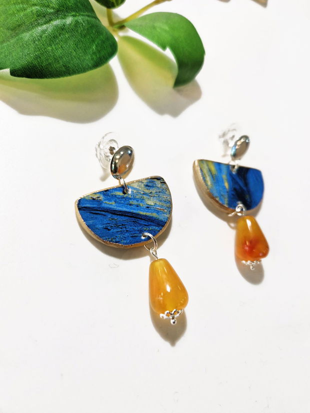 Cercei "Van Gogh-Yellow Teardrop" din fragmente de portelan, argint  si agate