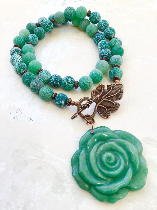 Colier vintage agate verzi Frost & floare Aventurin verde