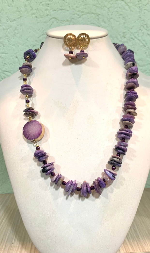 SET~PURPLE OCTOBER~ charoit,hematit electroplacat,agata druzy,inox auriu