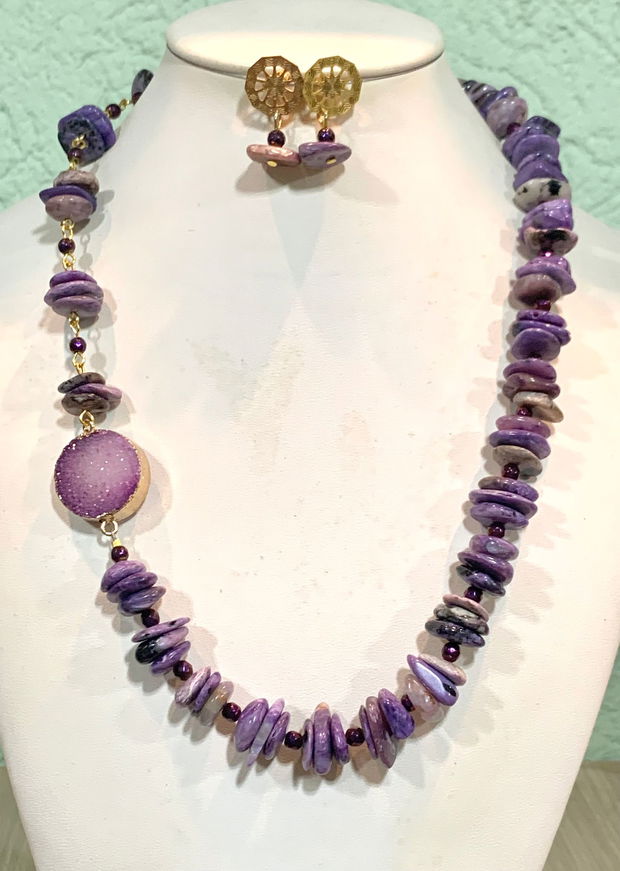 SET~PURPLE OCTOBER~ charoit,hematit electroplacat,agata druzy,inox auriu