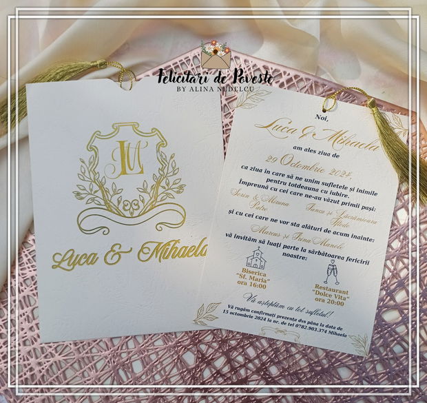 Invitatie de nunta in nunate de auriu și alb